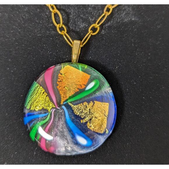 Artisan Dichroic glass pendant and gold plated chain 1 3/8" x 19" chain - Picture 1 of 8